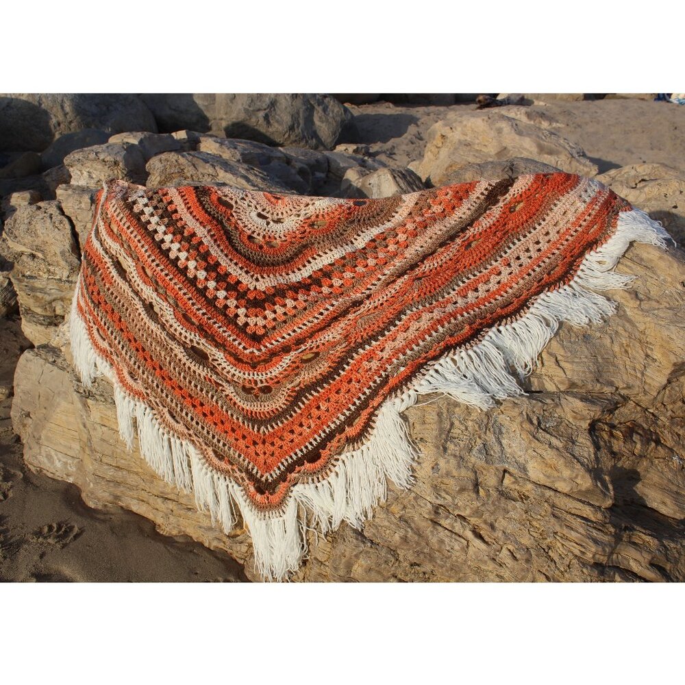 Handmade Oversized Crochet Shawl Wrap with Tassels Malibu Beach Boho Peach
